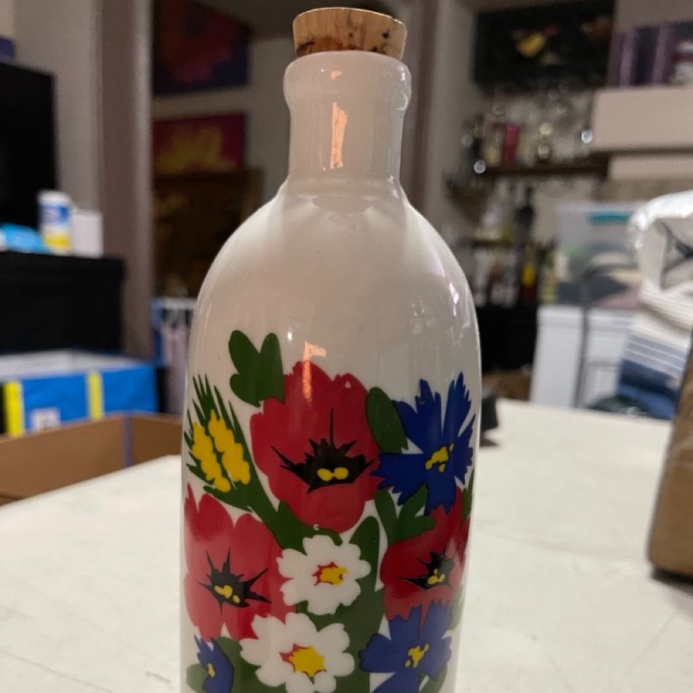 VINTAGE GERMAN LIQUEUR BOTTLE HAND PAINTED - 9.5 INCHES TALL